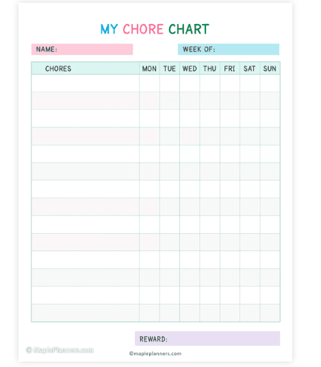 10 Super Cute Free Printable Chore Charts For Kids Of All Ages In PDF ...