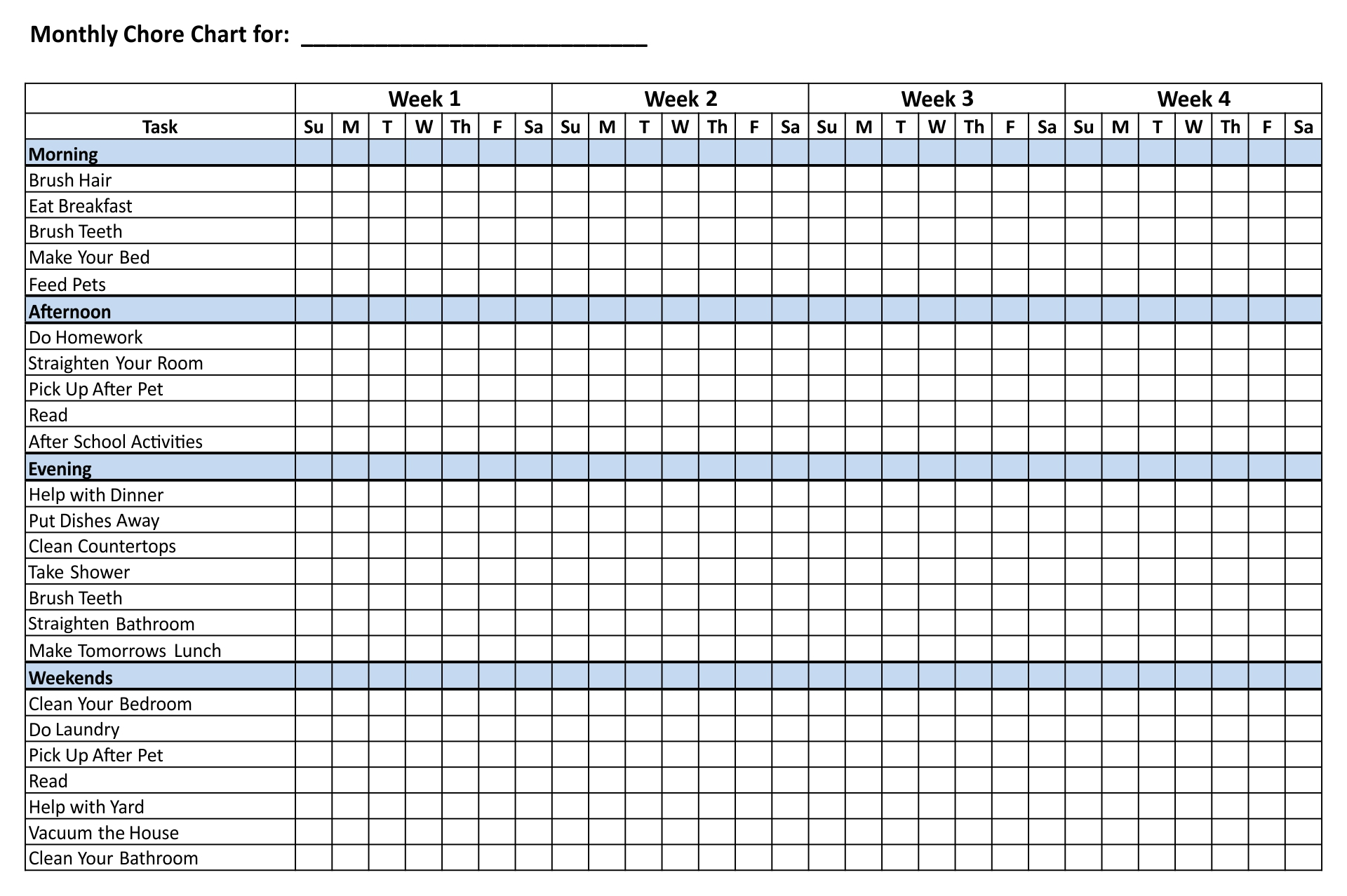 9 Best Printable Household Chore Charts Printablee