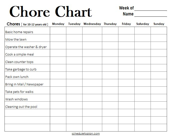 Chore Chart Template For 10 12 Years Old Children Important Chores For 