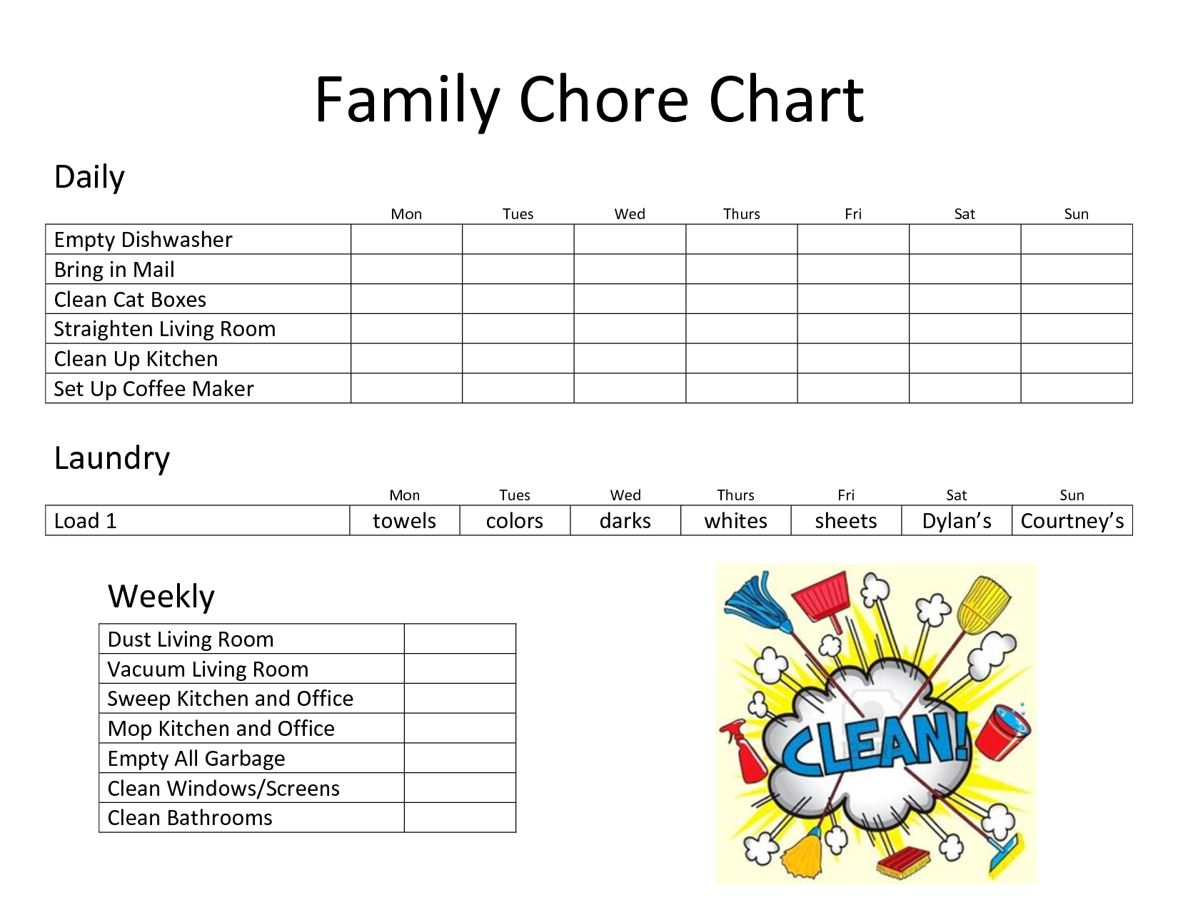 Daily Family Chore Chart Template Family Chore Charts Chore Chart 