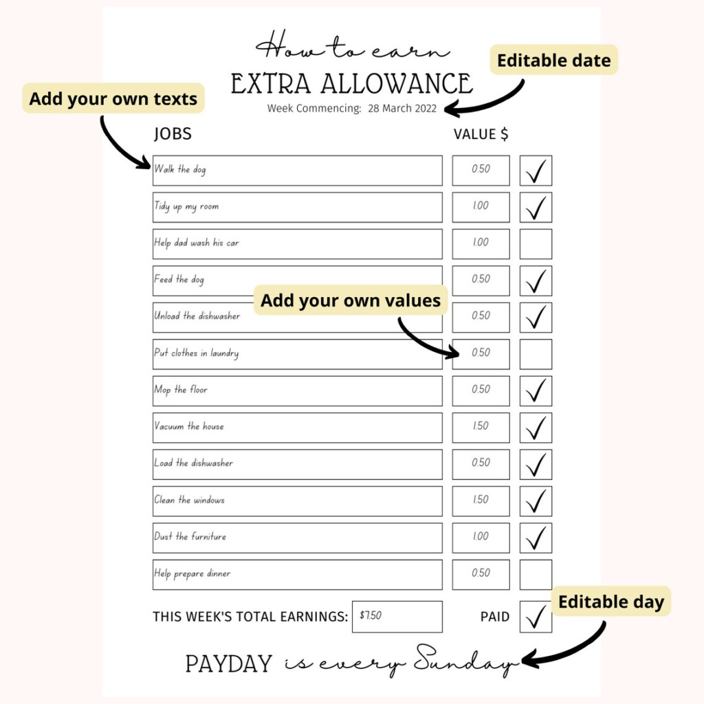 EDITABLE Allowance Chore Chart Minimalist How To Earn Etsy UK