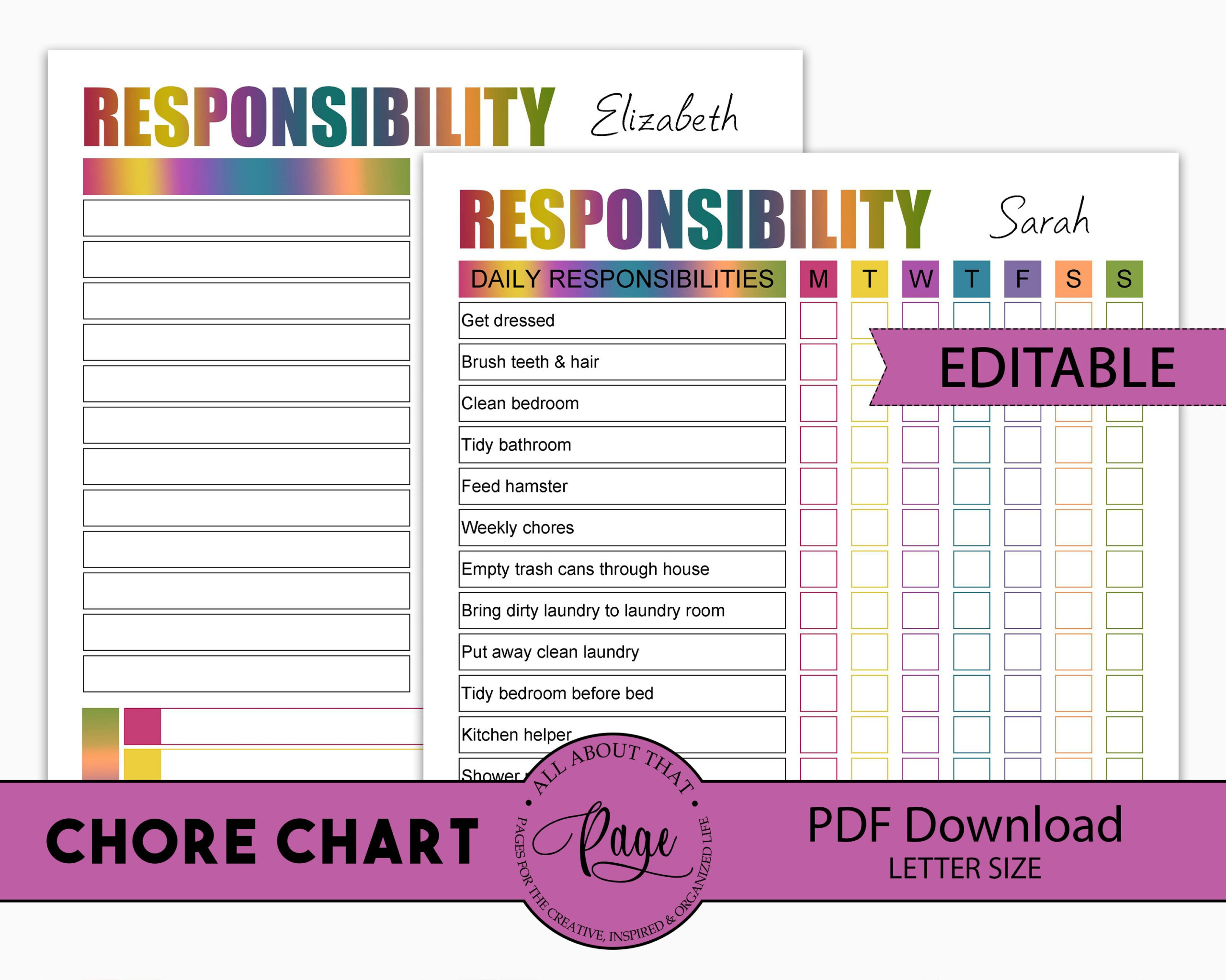 Editable Chore Chart Printable Chores For Older Kids Child Etsy Australia