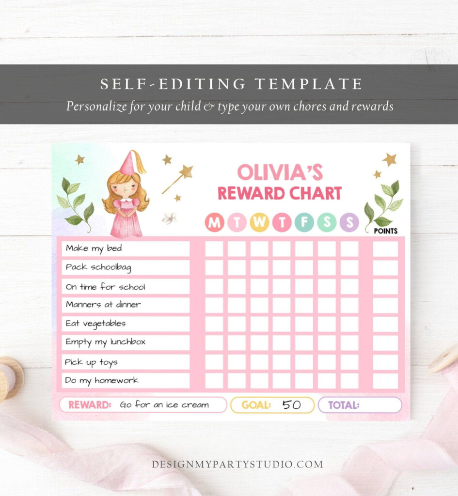 Editable Princess Reward Chart Princess Chore Chart For Kids Etsy 