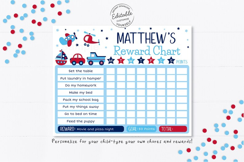 EDITABLE Vehicle Reward Chart Car Truck Airplane Chore Chart Etsy