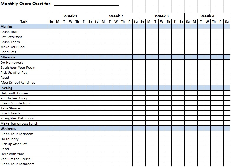 Free Chore Chart Template For Kids Excel Word PDF Excel TMP