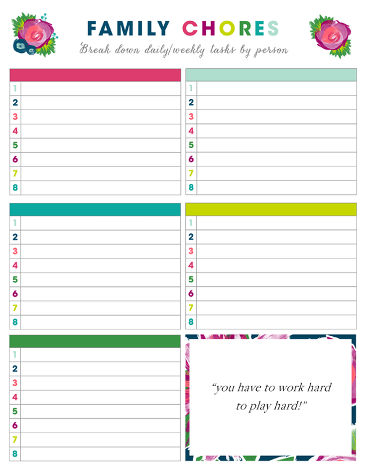 Free Printable Chore Charts For Kids And The Whole Family Family Chore 