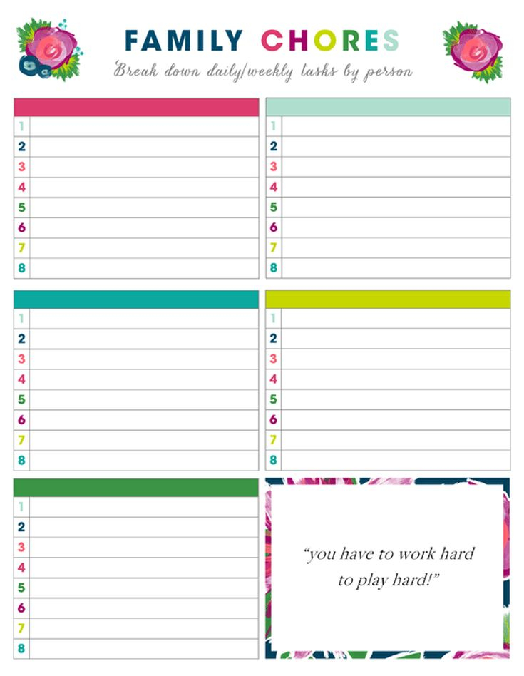 Free Printable Weekly Chore Charts Family Chore Charts Printable