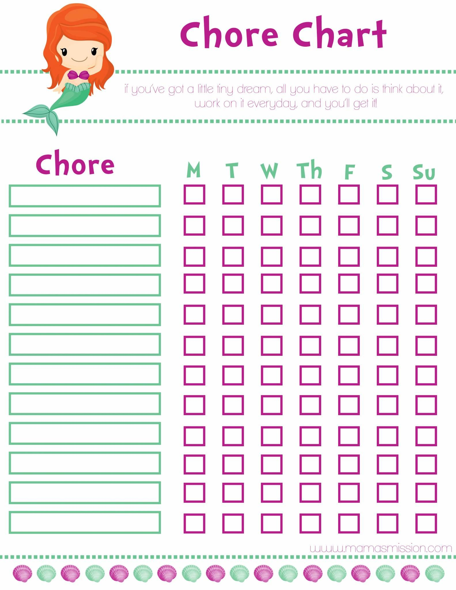 Little Mermaid Girl Printable Chore Chart Printable Chore Chart 