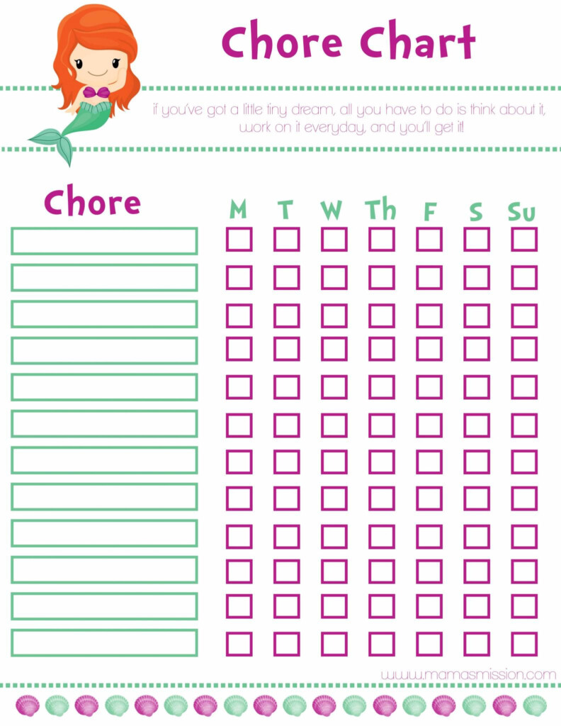 Little Mermaid Girl Printable Chore Chart Printable Chore Chart 