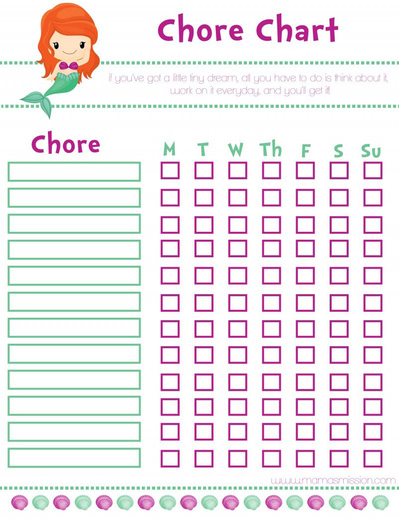 Little Mermaid Girl Printable Chore Chart