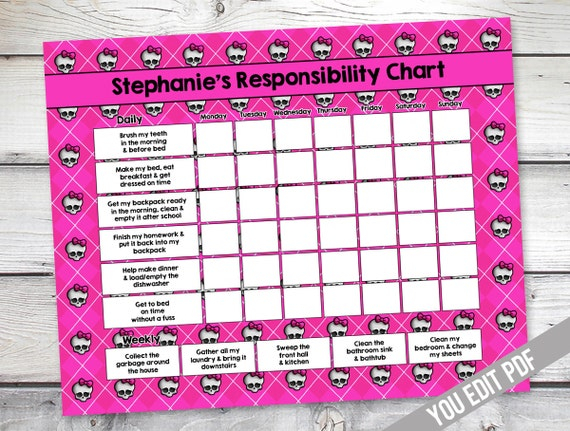 Monster High Chore Chart Girl Reward Chart By SugarPickleDesigns