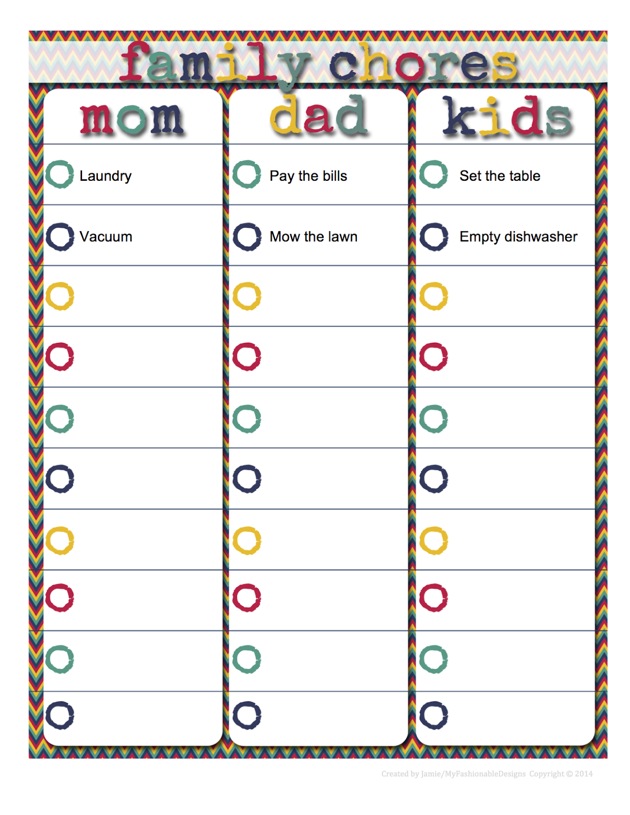 My Fashionable Designs Family Chore Chart Editable In Word FREE