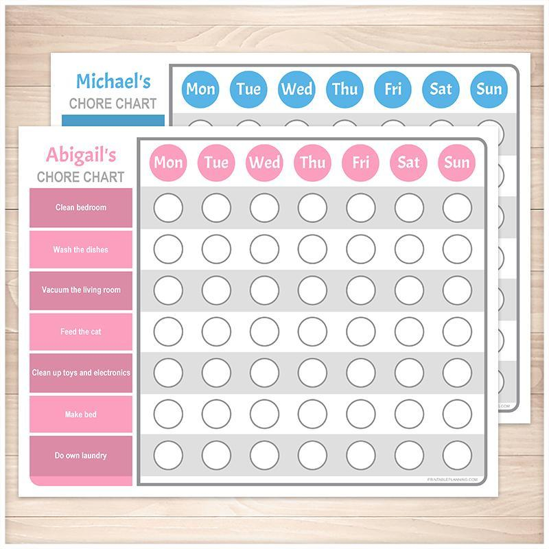 Personalized Chore Chart BUNDLE Pink Blue Weekly Pages Printable