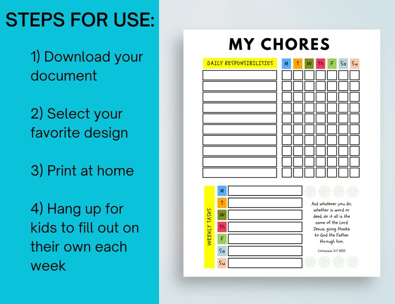 Printable Chore Chart For Kids With Christian Biblical Etsy Sweden