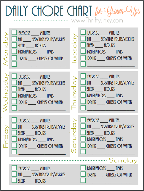 Printable Daily Health Chore Chart For Grown Ups Thrifty Jinxy