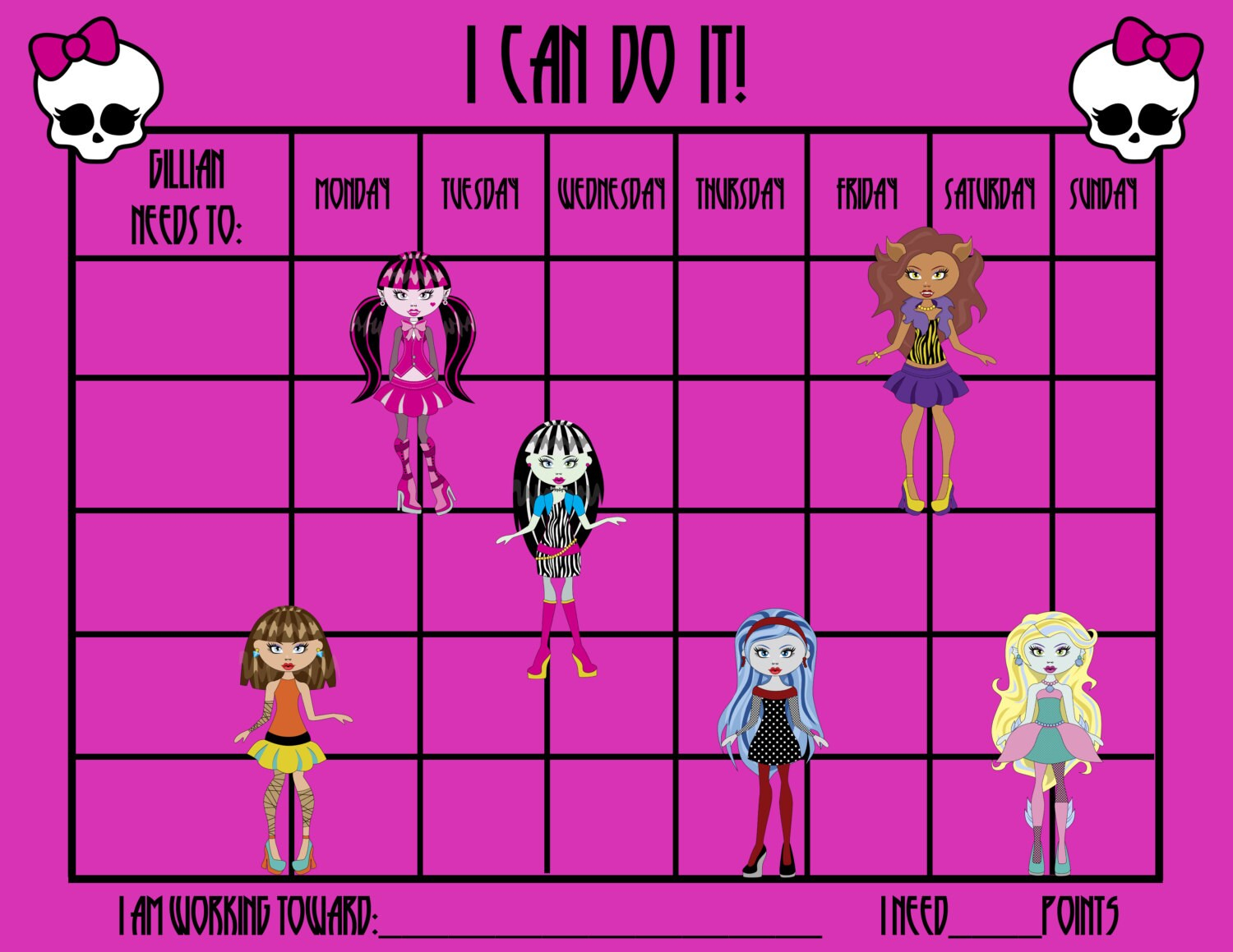 PRINTABLE Personalized Kids Chore Chart Monster High School