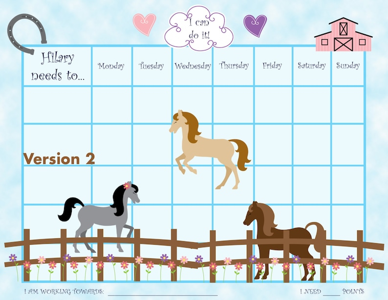 PRINTABLE Personalized Kids Chore reward Chart Horses 3 Etsy