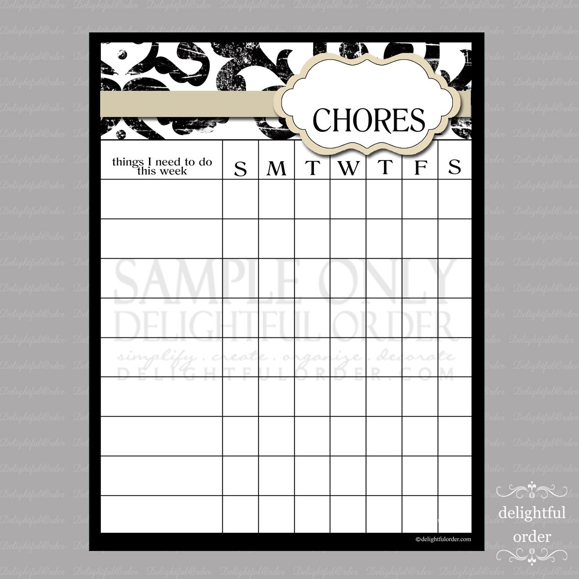 Tan Black Chore Chart PDF File Instant Digital Download