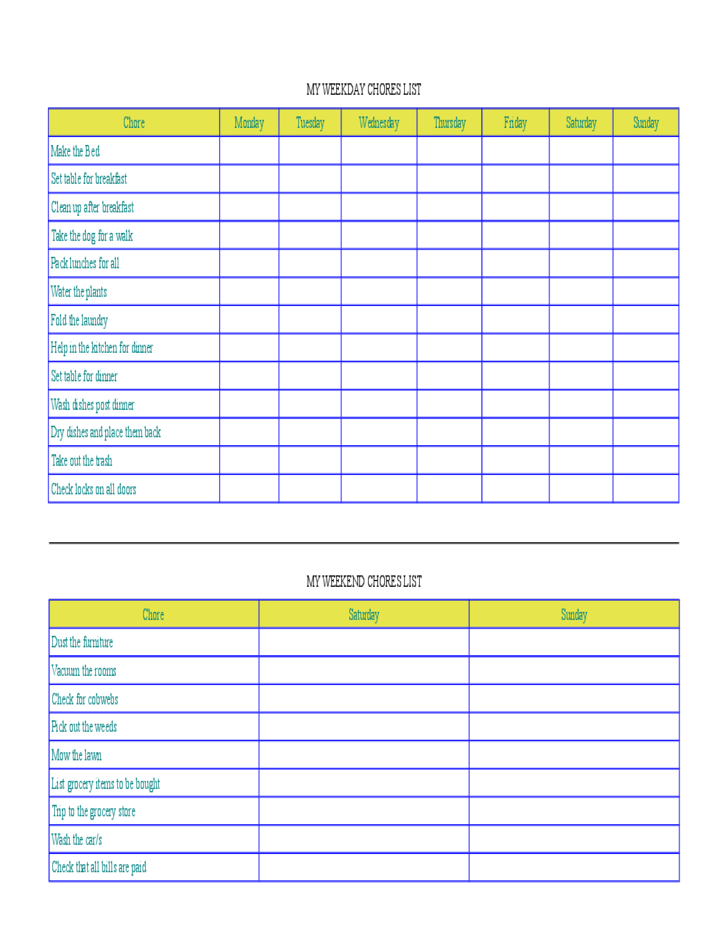 Weekday And Weekend Chore Chart Templates Free Download